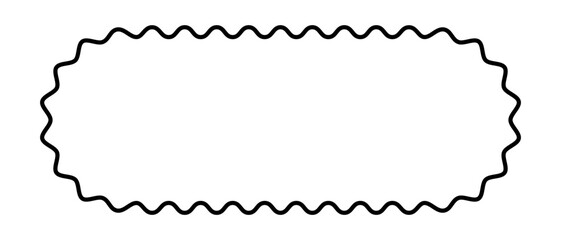 Oval rectangle frame with curvy edges. Cute geometric shape with frilly borders. Empty text box, tag or label isolated on white background. Vector graphic illustration.
