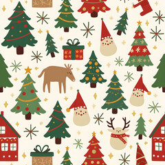 Christmas Pattern with Santa, Reindeer, and Trees
