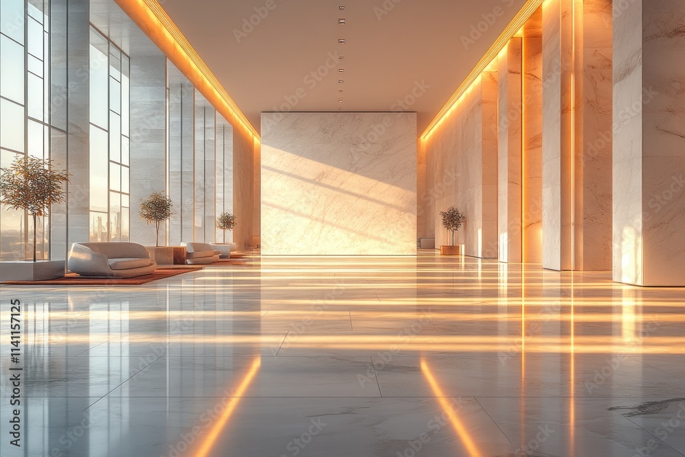 Aufkleber minimalist modern room with large grey wall and geometric patterned floor in soft ambient light