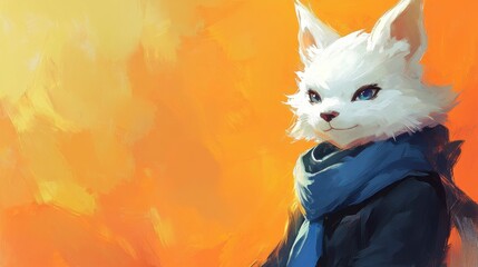 A bear in a formal black suit with a cobalt tie, posing with a friendly demeanor against a warm orange-yellow gradient background.