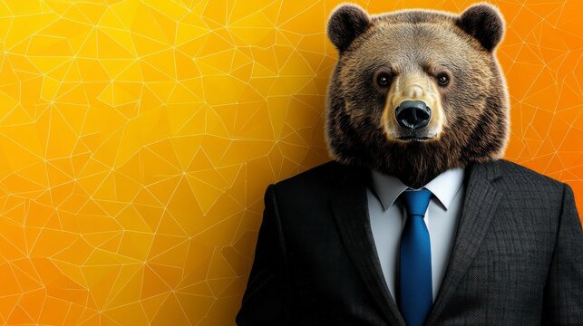 A bear in a formal black suit with a cobalt tie, posing with a friendly demeanor against a warm orange-yellow gradient background.