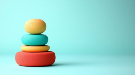 A basic rectangular podium with simple geometric forms and vibrant hues of orange, turquoise, and yellow, set against a clear, bright background.