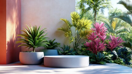 A sharp-edged podium design with clean lines and simple bright colors such as lime, pink, and sky blue, on a simple, neutral background.