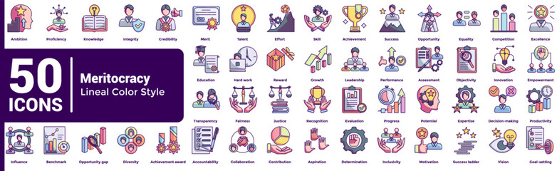 Meritocracy 50 icon set in lineal color style