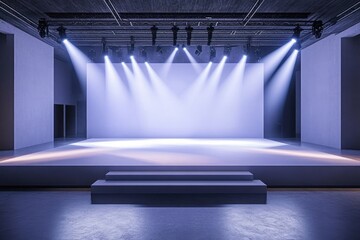 Minimalistic Modern Art Gallery Stage Setup with Geometric Design and Soft Lighting