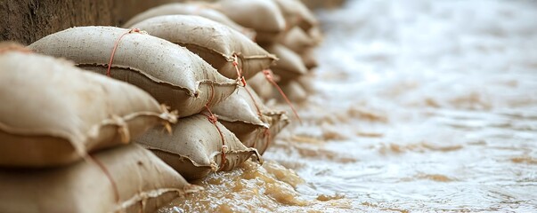 Flood prevention measures closeup of sandbags during rainy season natural disasters