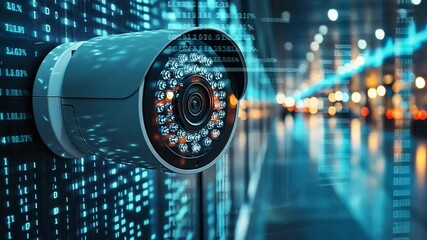 Modern surveillance camera monitoring a digital environment in a city at night - Powered by Adobe
