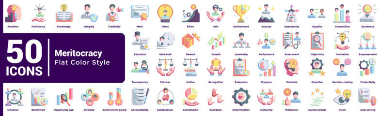 Meritocracy 50 icon set in flat color style