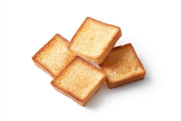 Golden crispy melba toast squares on white background