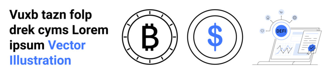 Laptop with a data chart, Bitcoin coin, Dollar symbol, and blue text. Ideal for finance, cryptocurrency, economics, digital currency, investments, data analysis, blockchain. Landing page