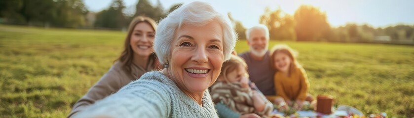 A happy senior parent capturing a selfie during a family picnic