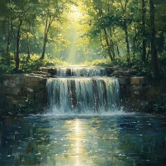 Obraz premium Mountain Stream and Waterfall in Serene Forest Landscape