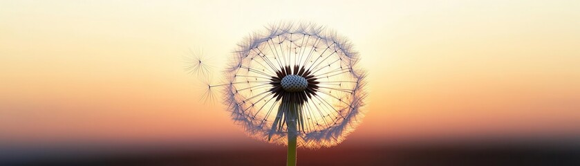 A single dandelion releasing seeds into the air, symbolizing dreams carried by the wind focus on, fleeting moments concept, ethereal, overlay, sunset horizon backdrop