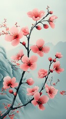 Minimalist sakura blossoms with traditional Japanese wave designs on a pale blue background