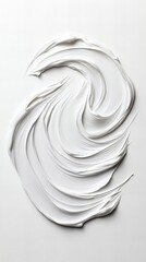 Abstract swirl of white paint on a white background. The texture is smooth and creamy, creating a visually appealing contrast.
