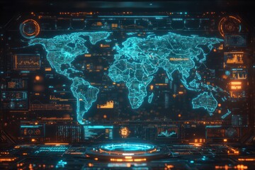Futuristic Neon Digital World Map with Financial Data Visualization and Market Index Analysis