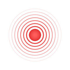 Red concentric circles with point in center. Target or aim, pain localization icon. Sore, ache or inflammation symbol. Pulse, vibration or radiation sign. Sound signal pictogram. Vector illustration.