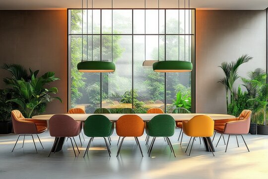 Bright modern conference room with large windows colorful chairs and oval table 3D Rendering - Powered by Adobe