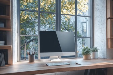 Modern Minimalist Office Interior with Wooden Desk and Computer in Scandinavian Design