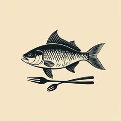 Fototapeta premium A stylized fish illustration accompanied by a fork and knife, symbolizing seafood dining.