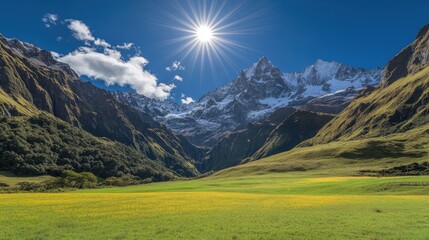 Majestic Mountain Landscape with Sunlight and Green Valley