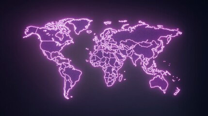A glowing, neon pink world map against a dark background, showcasing continents with intricate details and a modern aesthetic.