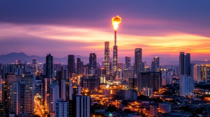Fototapeta premium A stunning city skyline at dusk, featuring a glowing tower amidst modern buildings, with vibrant colors painting the sky.