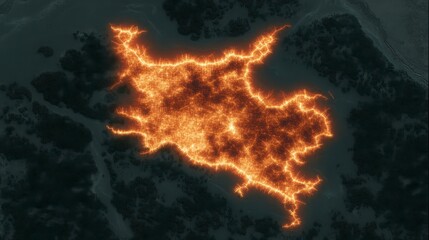An aerial view of a fiery shape resembling an organic form, surrounded by dark terrain, showcasing a striking contrast between flames and landscape.