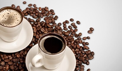 Cup of tasty hot coffee and coffee beans on desk