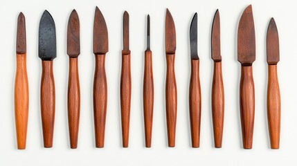 A row of various wooden-handled knives, showcasing different blade shapes and sizes, ideal for crafting or culinary use.