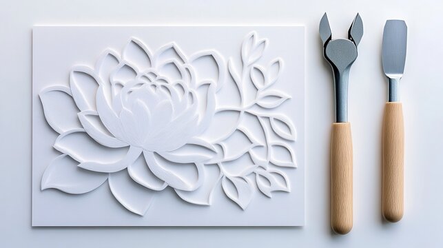 A detailed relief of a lotus flower on a textured surface, accompanied by sculpting tools, showcasing artistry and craftsmanship in design.
