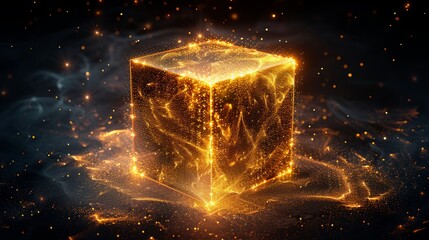 Glowing golden cube energy power magic abstract.