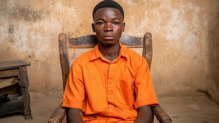 Obraz premium A young man in an orange outfit sits on a wooden chair against a textured wall, conveying a serious expression and a sense of confinement.