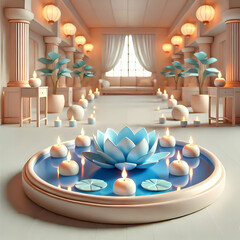 3D Close up of a peaceful indoor lotus pond with floating candles copy space above. concept as Tranquil close up of an indoor lotus pond adorned with floating candles symbolizing serenity and spiritua