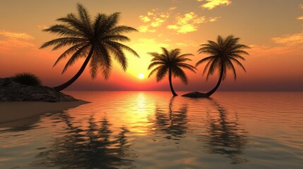 Fototapeta premium Serene Sunset Over Tropical Beach with Palm Trees and Reflection