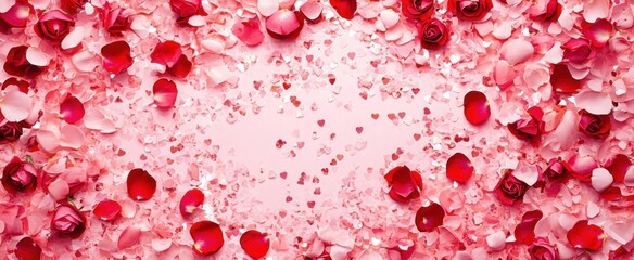 Red Rose Petals and Hearts Festive Background