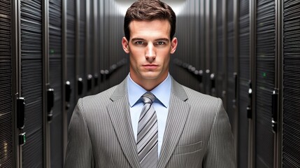 A professional man stands confidently in a server room, dressed in a stylish suit, embodying a blend of business and technology.