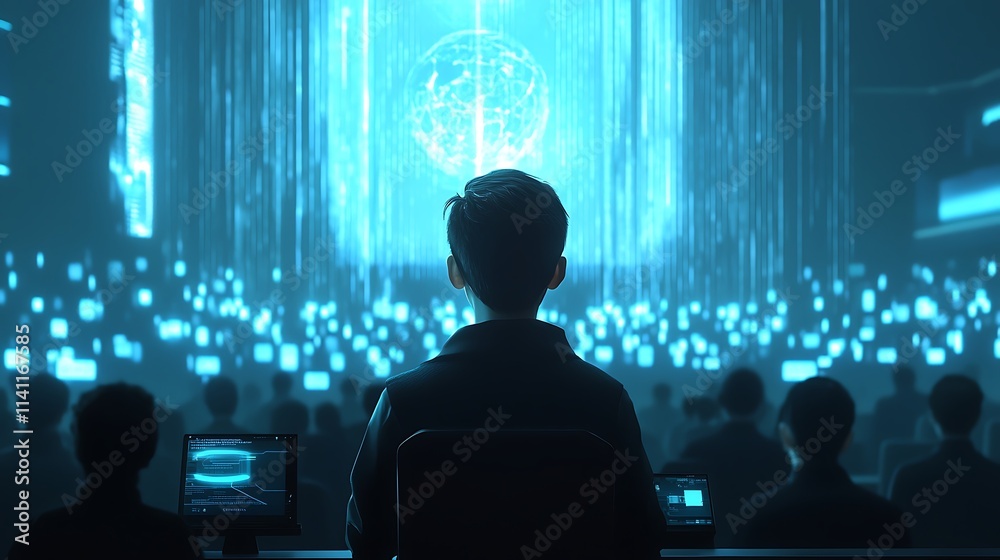 Poster person viewing a futuristic digital global network presentation to an audience.