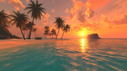 Tropical Sunset Over Serene Beach with Palm Trees and Calm Ocean