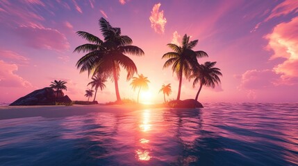 Sunset Over Tropical Beach with Palm Trees and Colorful Sky