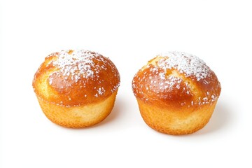 Golden muffins with powdered sugar on white background
