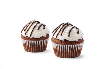 Two chocolate cupcakes with vanilla frosting and chocolate drizzle