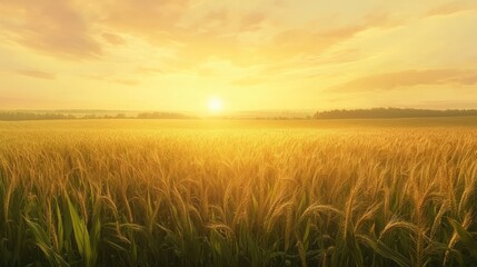 Fototapeta premium Golden Wheat Field Under Beautiful Sunset with Soft Cloudy Sky