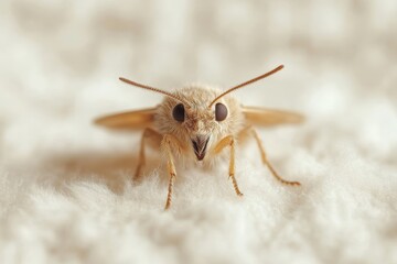 A brown bug with black eyes is standing on a white surface
