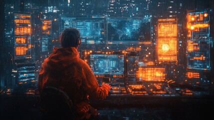 Fototapeta premium Cyberpunk Calibration Technician at High-Tech Workstation with Neon Lighting and Glowing Screens