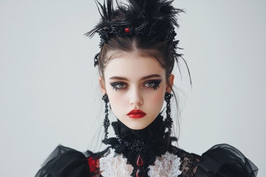 A young woman with black hair and red lipstick