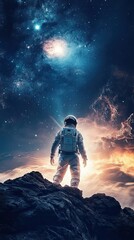 Astronaut Stands on Rocky Outcrop Gazing at a Celestial Galaxy