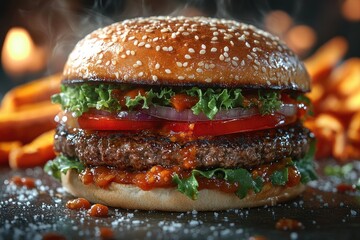Vegan Burger with Fresh Toppings on Rustic Slate Plate with Sweet Potato Fries