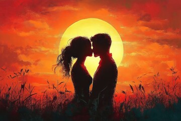 Romantic silhouette of happy couple kissing at sunset with emotional intimacy in warm colors