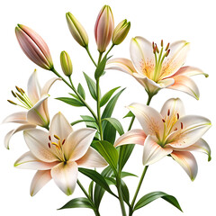 Elegant blooming lilies with buds, cut out isolated on white background as transparent. PNG